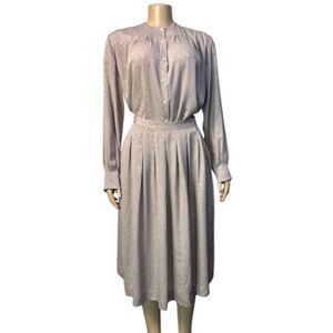 Vintage 80s Dalton Satin skirt set Tan pleated collarless button top  size 14